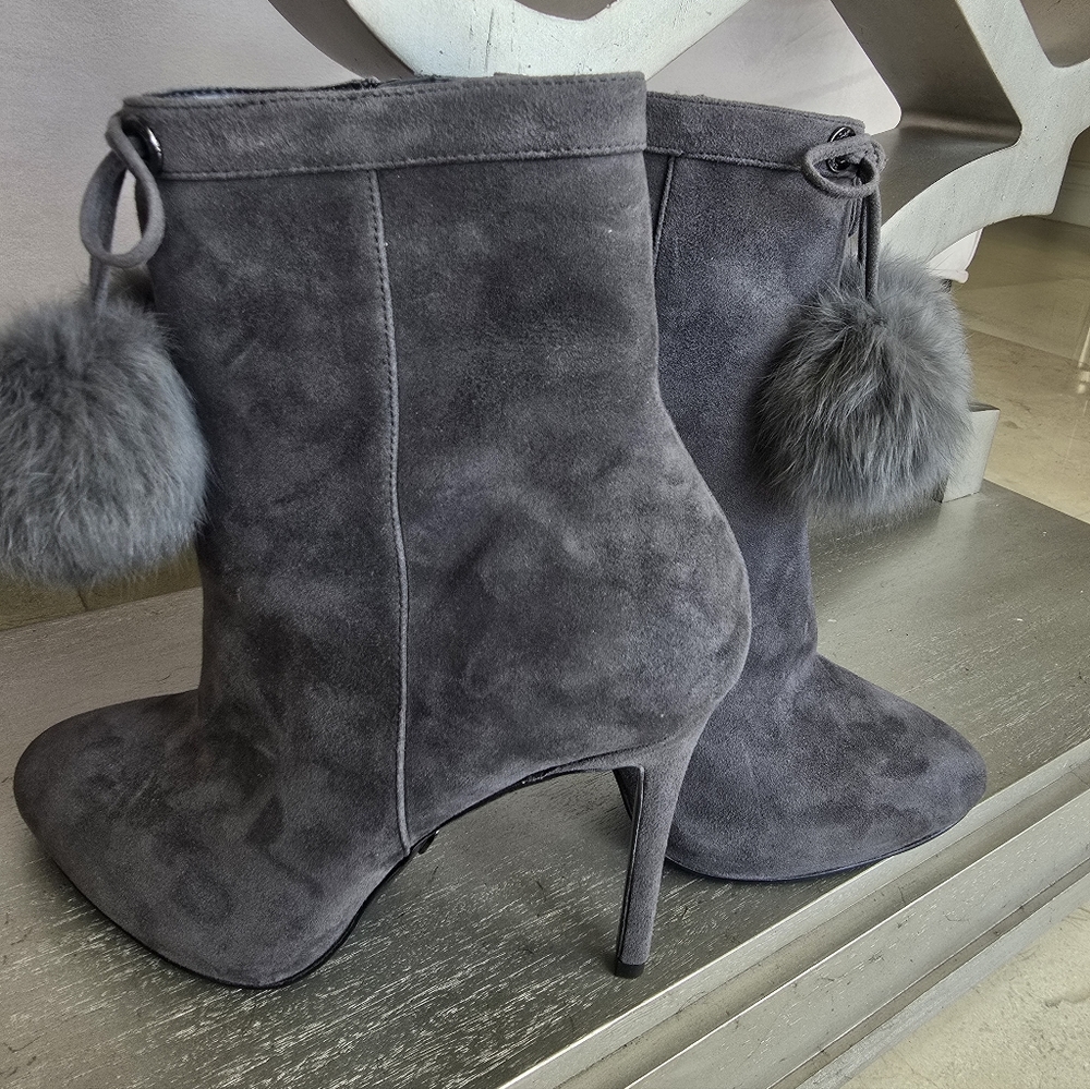 Michael Kors Gray Suede Heeled Boots with Pom Poms